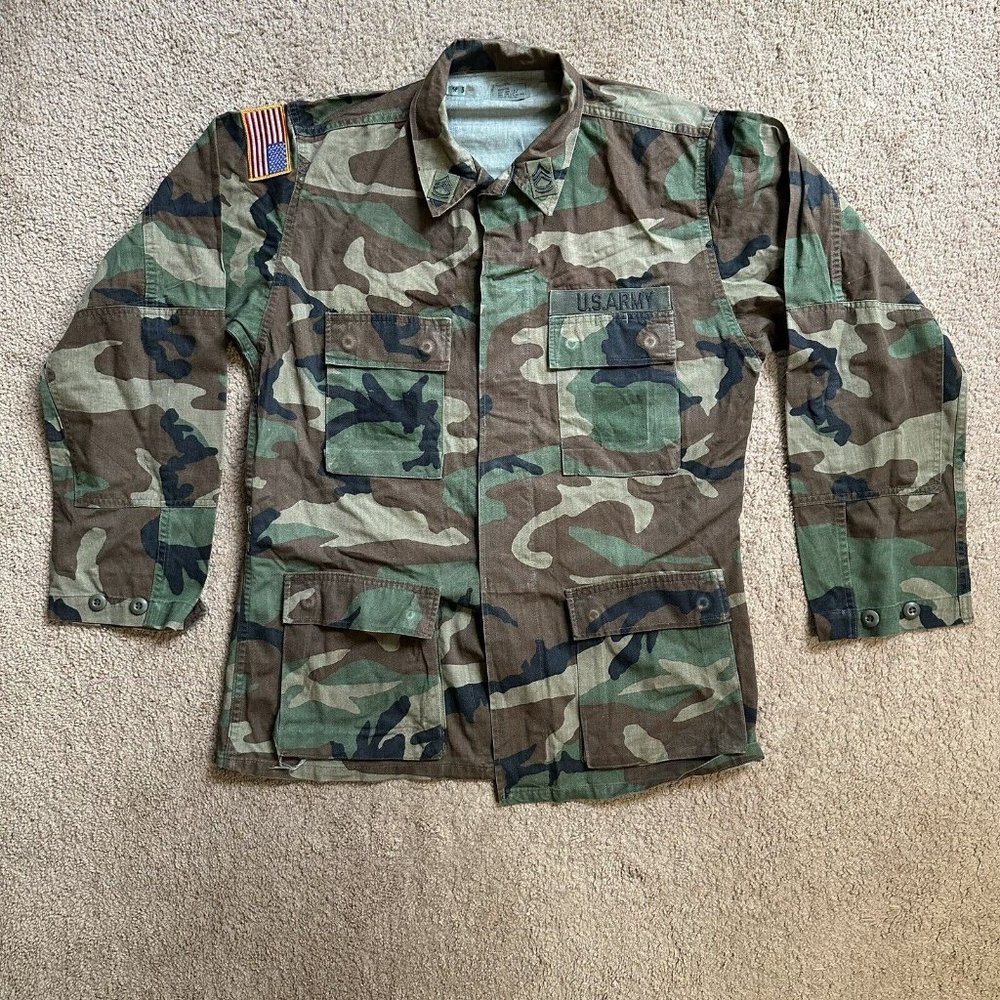 Army Issued Top Mens Medium Long Woodland Camo Button Up Shirt Military